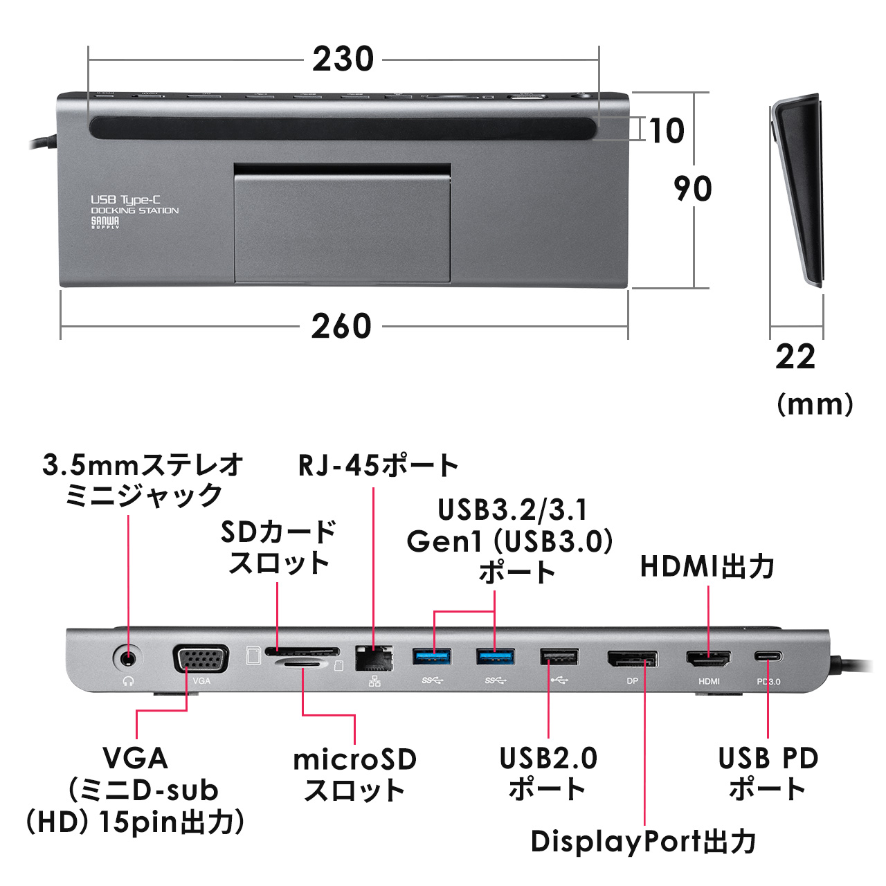 hbLOXe[V 2ʏo USB Type-C m[gPCX^h PD/100WΉ 4KΉ 11in1 HDMI DisplayPort VGA Type-C 400-VGA017