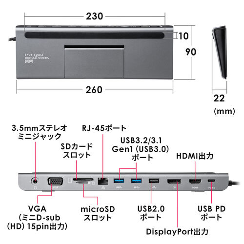 ドッキングステーション USB Type-C ノートPCスタンド PD/100W対応 4K対応 11in1 HDMI DisplayPort VGA Type-C