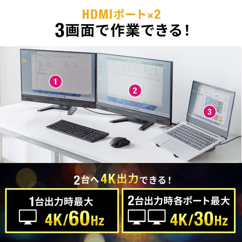 ドッキングステーション Type-C接続 HDMI2ポート搭載 スタンド型 クラムシェル ノートパソコンスタンド対応 4K/60Hz PD100W 有線LAN対応 400-VGA018