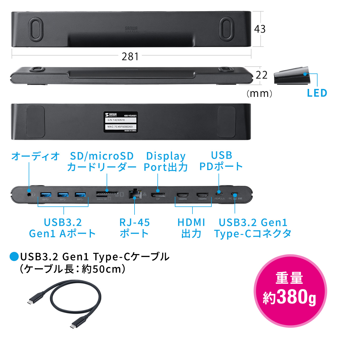 hbLOXe[V HDMI2 3ʏo͑Ή USB-Cڑ X^h@\ RpNgTCY 4K/60HzΉ 400-VGA021