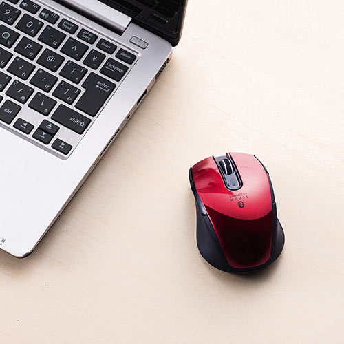 Bluetoothマウス(小型マウス・ブルーLED・左右対称・5ボタン・サイドボタン・ボタン割り当て・レッド) 401-MABTBL171R