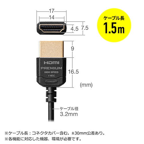 【期間限定お値下げ】プレミアムHDMIケーブル（スーパースリムタイプ・スリムコネクタ・ケーブル直径約3.2mm・Premium HDMI認証取得品・4K/60Hz・18Gbps・HDR対応・1.5m）