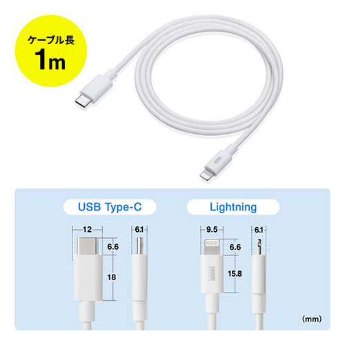 USB ライトニングケーブル（Lightningケーブル・Apple PD・充電・同期・1m・ホワイト） 500-IPLM024Wの販売商品 | 通販ならサンワダイレクト