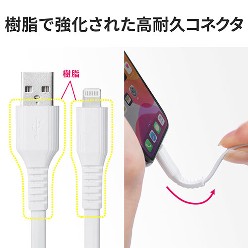 ライトニングケーブル(iPhone・iPad・Apple MFi認証品・フラットケーブル・充電・同期・Lightning・2m・ホワイト)
