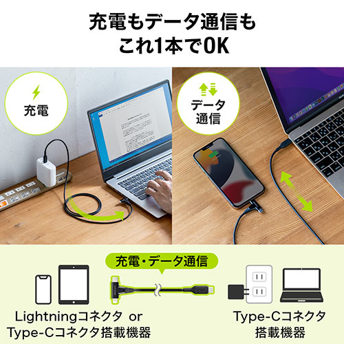USB Type-C Lightning 2in1 USBP[u 1.2m USB PD60WΉ f[^] MFiFؕi ubN ǔ iPadi10j iPhone14Ή 500-IPLM030BK