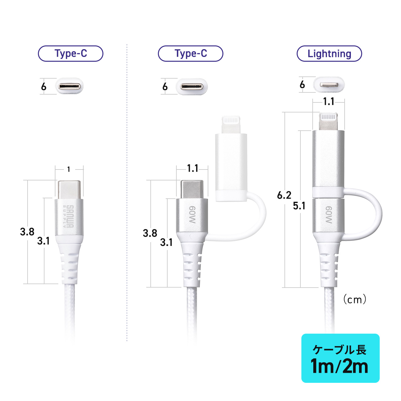 USB Type-C Lightning 2in1 USBP[u 2m TypeC-C PD60WΉ MFiFؕi f[^]  iPad iPhone16 bVP[u 500-IPLM034W-2