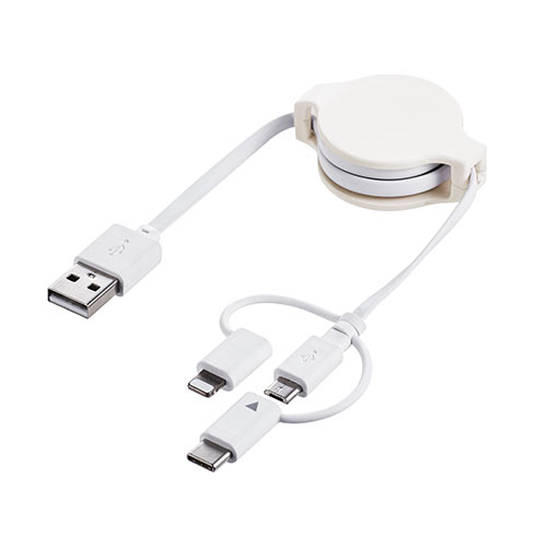 3in1 USBケーブル 巻き取り式 Lightning microUSB Type-Cコネクタ MFi認証品 ホワイト 充電ケーブル iPad（第10世代） iPhone14対応 500-IPLMM020K