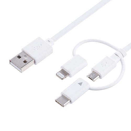 3in1 USBケーブル 巻き取り式 Lightning microUSB Type-Cコネクタ MFi認証品 ホワイト 充電ケーブル iPad（第10世代） iPhone14対応 500-IPLMM020K