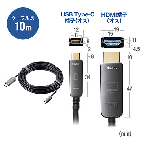USB Type-C To HDMI 変換ケーブル 光ファイバー 10m 4K/60Hz MacBook iPad TV ブラック