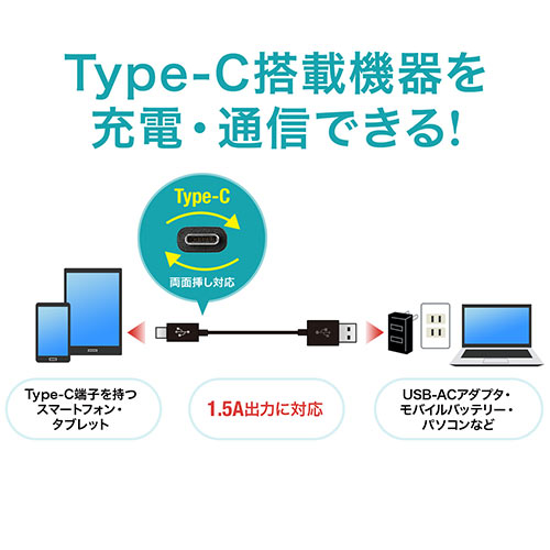 USB Type-Cケーブル 0.5m USB2.0 USB A USB Type-Cコネクタ ブラック