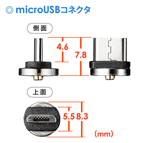 マグネット着脱式マイクロUSB充電専用ケーブル（二股ケーブル・2台同時充電・マイクロUSBコネクタ3個付属・スマートフォン・2A対応・ケーブル長1.5m・ブラック） 500-USB064