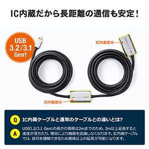 USB延長ケーブル 10m USB 3.2 Gen1 ACアダプタつき アクティブ