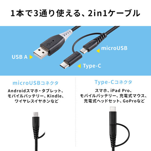 充電お知らせケーブル 2in1 USB Type-Cケーブル 音 光 USB2.0 1m 充電