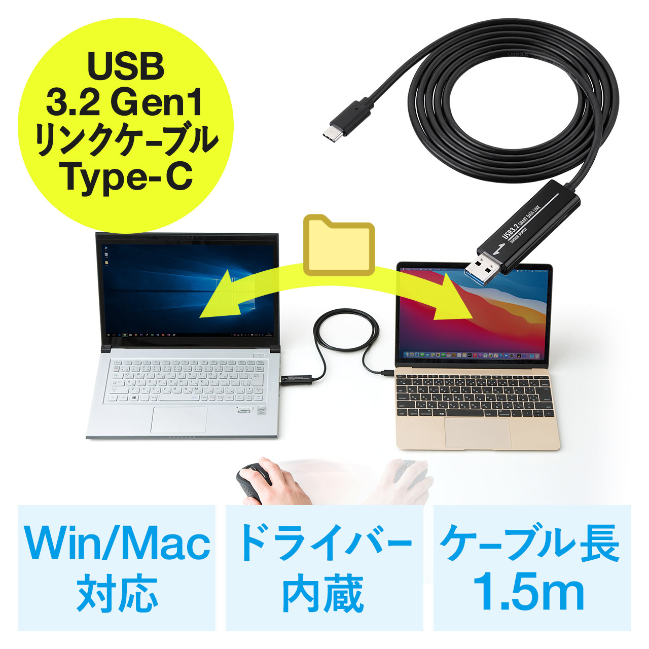 USBリンクケーブル USB3.2 Gen1 PC間 高速データ転送 データ移行 Windows/Mac両対応 Type-Cコネクタ 500-USB070