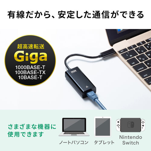 有線LANアダプター Type-C イーサネットアダプタ MacBook ChromeBook iPad Pro Nintendo Switch対応 500-USB072BK