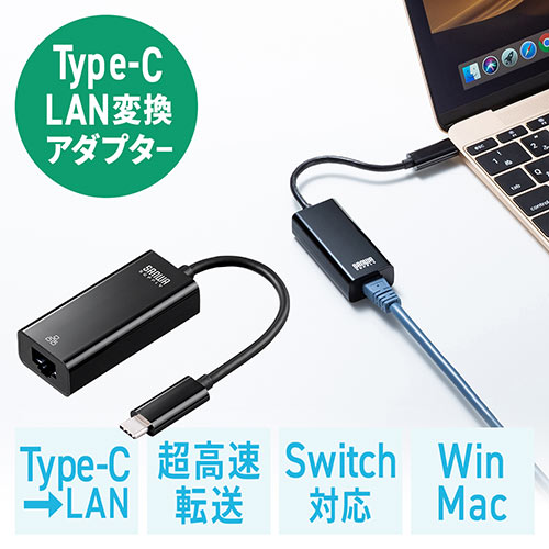 有線LANアダプター Type-C イーサネットアダプタ MacBook ChromeBook iPad Pro Nintendo Switch対応 500-USB072BK