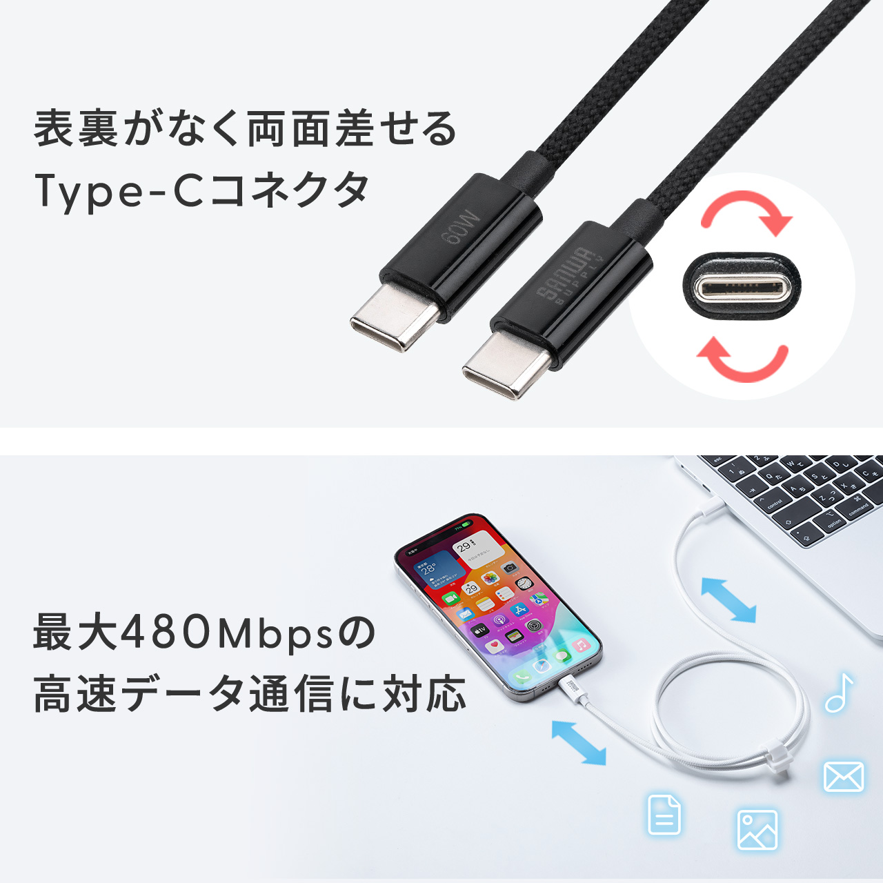 USB Type-CP[u USB PD60W 1m P[uoht VRbV ܂Ȃ Ȃ₩ CtoC ^CvC USB2.0 [d f[^] X}z ^ubg zCg 500-USB085-1W