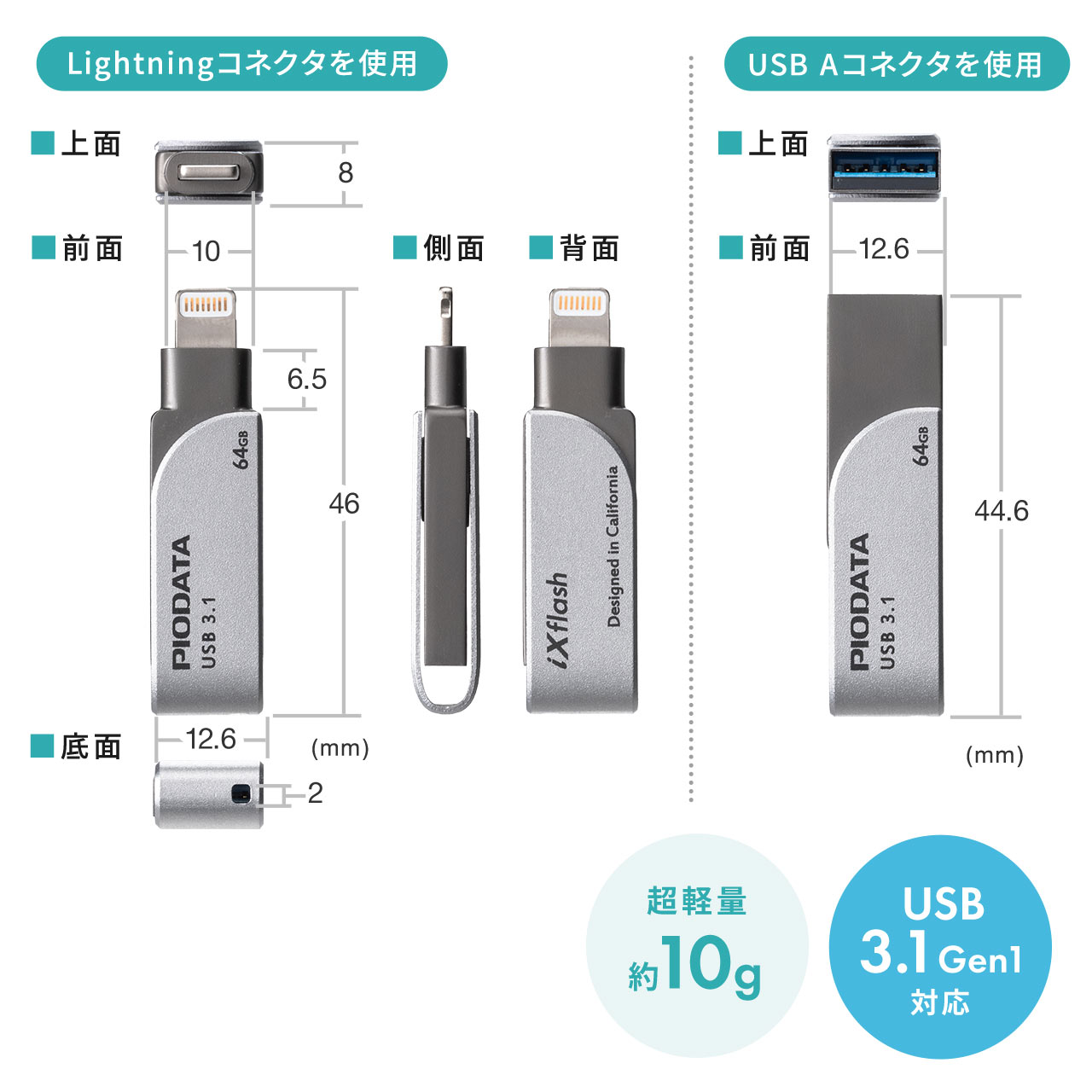 iPhone・iPad USBメモリ 32GB　USB3.2 Gen1(USB3.1/3.0)・Lightning対応・MFi認証・スイング式 600-IPL32GX3