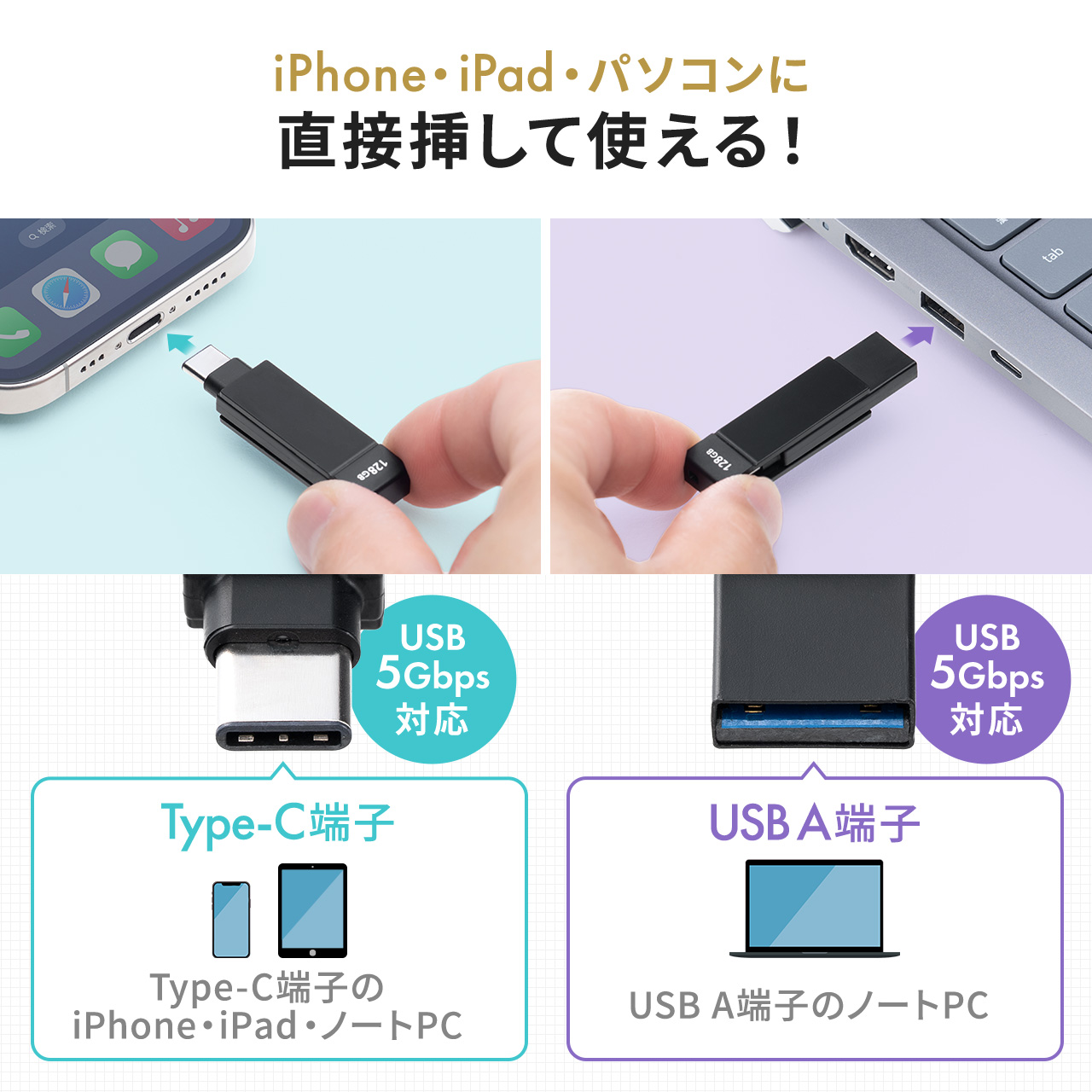 Type-C �� USB-A USB������ 64GB MFi�F�� iPhone iPad Android �Ή� �p�\�R�� �ʐ^ ���� �o�b�N�A�b�v �X�C���O�� iXflash