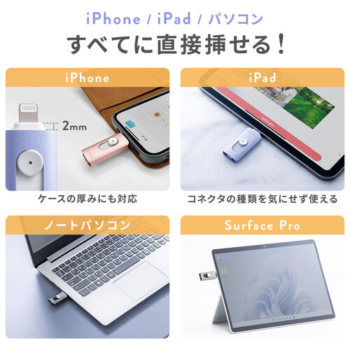 サンワダイレクト USBメモリ ライトニング-USB-C iPhone・iPad・Android対応 10Gbps スライド式 1TB スマホ バックアップ ローズゴールド 600-IPLUC1TP