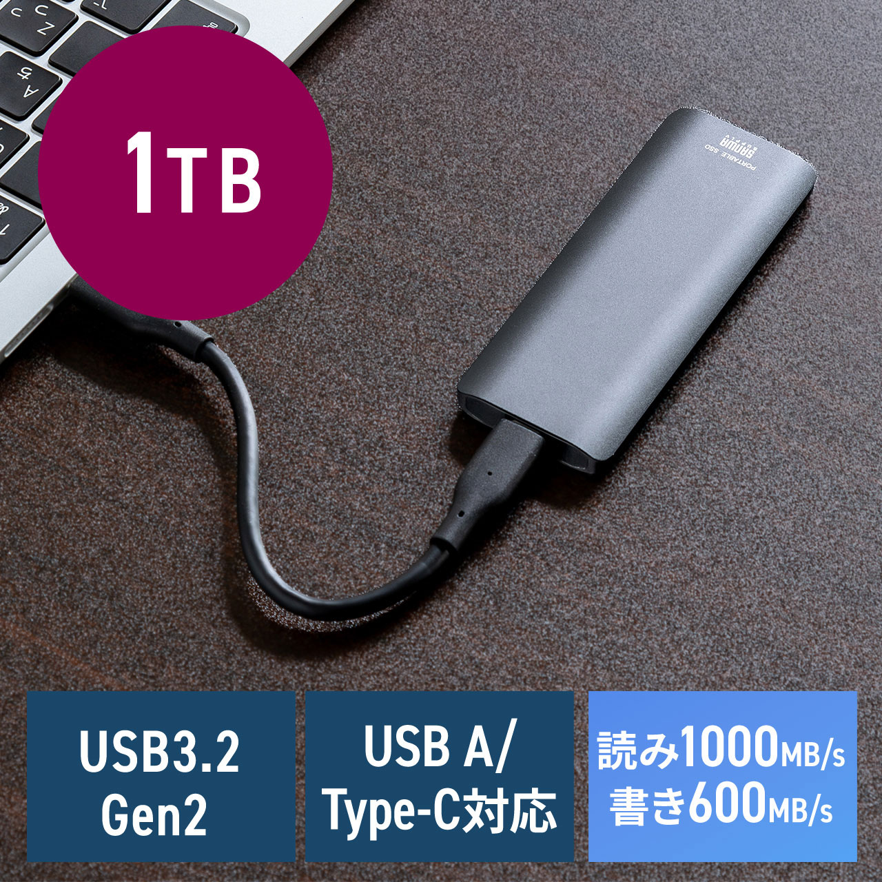 ポータブルSSD 外付け USB3.2 Gen2 1TB 最大読み込み速度約1000MB/s 