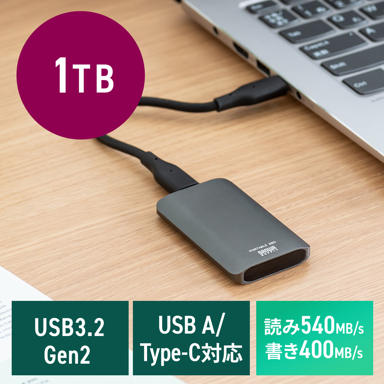 ポータブルSSD 外付け USB3.2 Gen2 1TB 最大読み込み速度約540MB/s