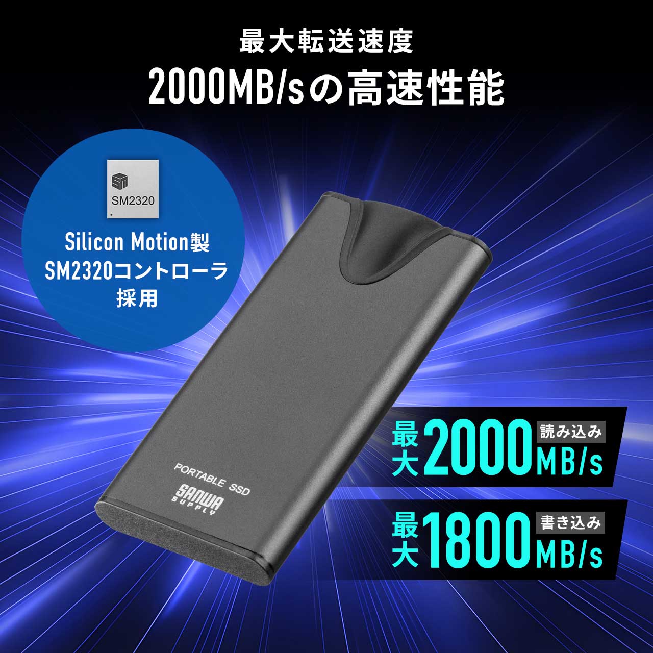 |[^uSSD 512GB Ǐoő2000MB/s ^ USB Type-Cڑ USB20Gbps USB3.2 Gen2~2 P[u^ Vo[ 600-USSH512GB