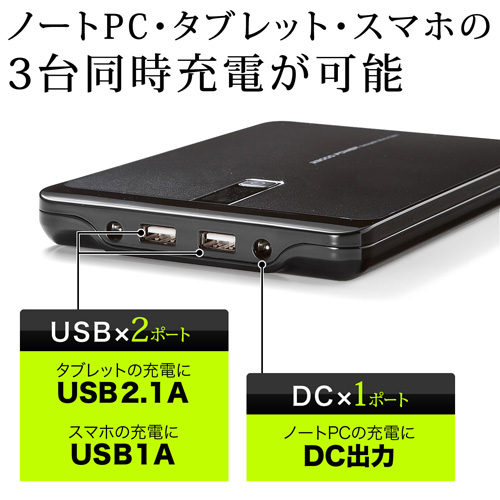 【飛行機持込可】ノートパソコン　充電器（モバイルバッテリー・大容量・23000mAh・DC出力・USB2.1A出力・ノートパソコン・iPad・iPhone・タブレット・スマートフォン対応） 700-BTL017BK
