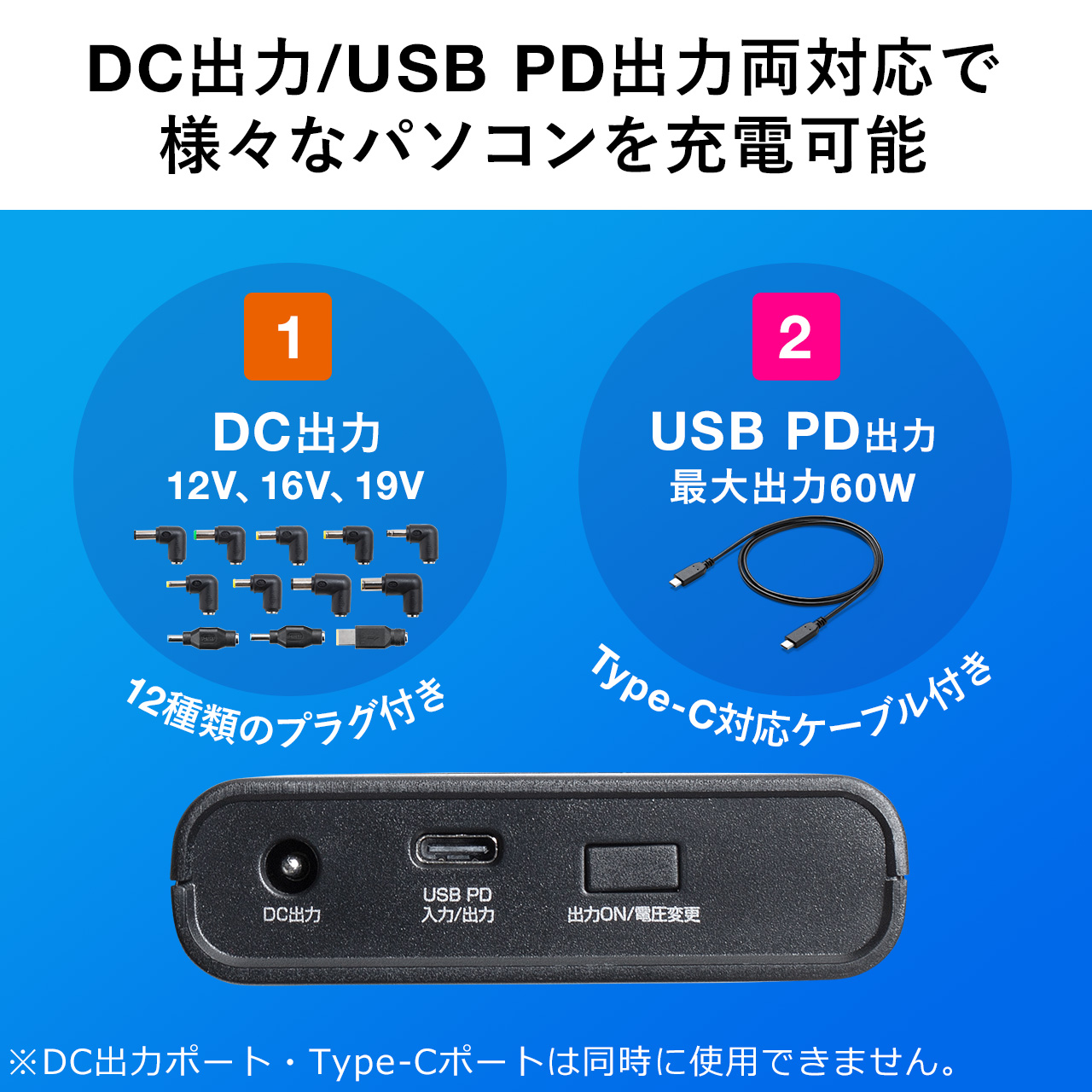 モバイルバッテリー DC12V 16V 19V出力対応 大容量 19080mAh 68.69Wh PD60W ノートパソコン USB充電 飛行機持ち込み可 旅行 PSE適合品 700-BTL047