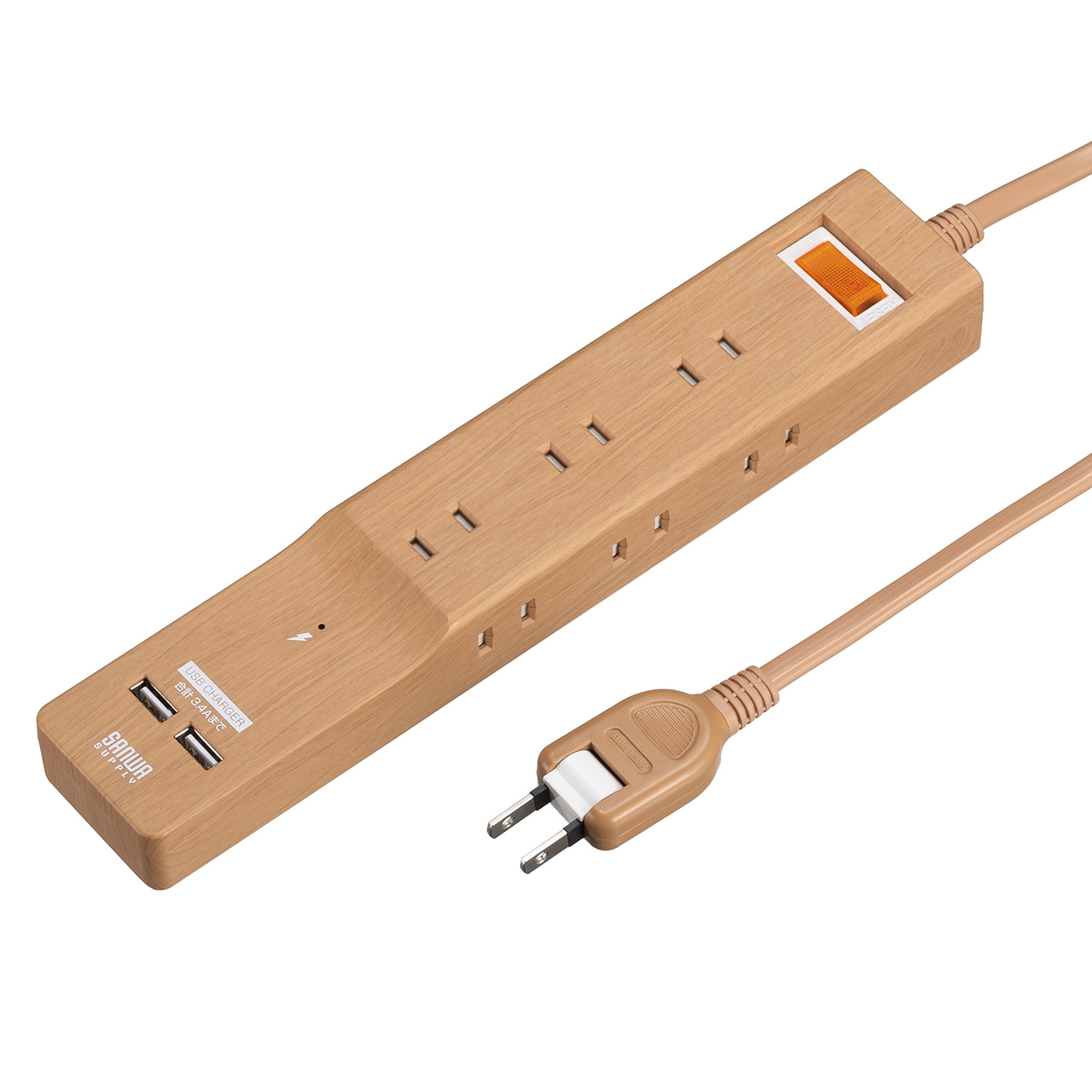 電源タップ USBポート付 iPhone/スマホ充電 9個口 2m 一括集中スイッチ 節電 雷ガード ライトブラウン木目 700-TAP066-2LM