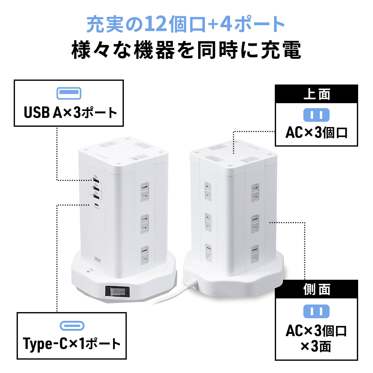 d^bv ^[ 12 PD 20WΉ USB-A~3|[g USB-C ~1|[g 3m ꊇXCb`t XCOvO USB[d R[h ubN 700-TAP074BK