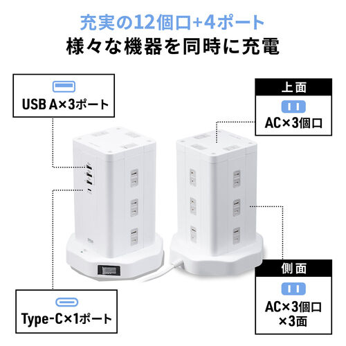 d^bv ^[ 12 PD 20WΉ USB-A~3|[g USB-C ~1|[g 3m ꊇXCb`t XCOvO USB[d R[h zCg 700-TAP074W