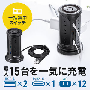 タワー型電源タップ タワータップ USB充電対応 タイプC搭載 12個口 2m ブラック