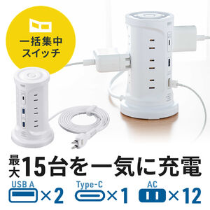 タワー型電源タップ タワータップ USB充電対応 タイプC搭載 12個口 2m ホワイト