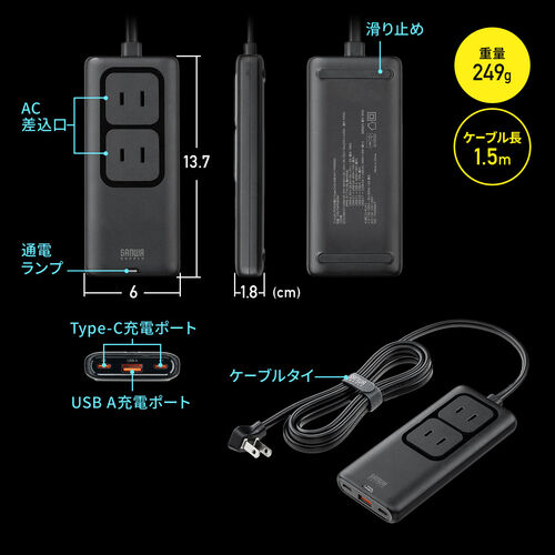 �d���^�b�v USB PD 65W �}���[�d GaN 1.5m �����R�[�h �y�����^18mm�z Type-C�~2 A�~1 AC�~2�� �R���Z���g L�^�v���O
