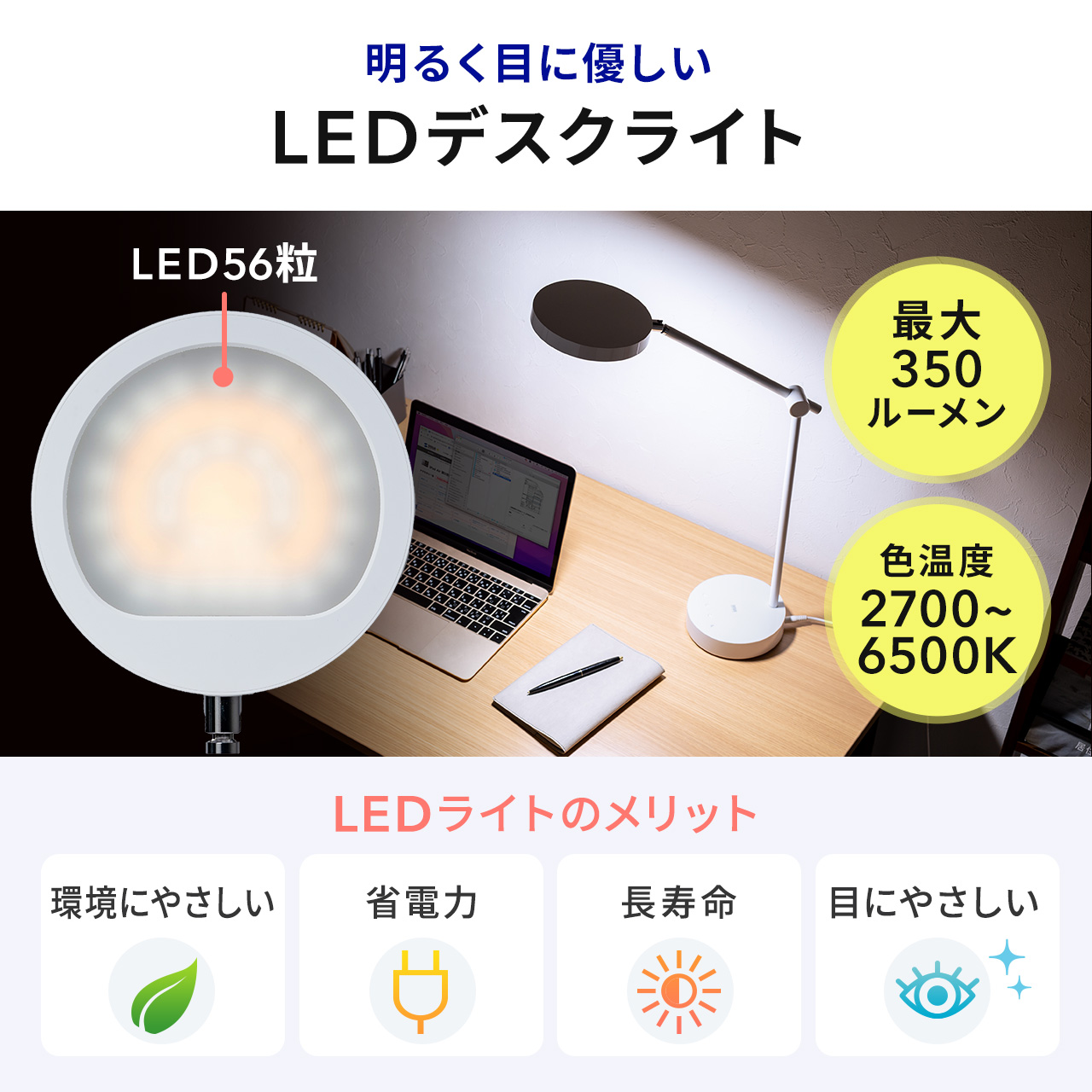 LEDデスクライト ライトスタンド 置き型 丸形 350ルーメン 色温度 明るさ変更対応 アーム式 自撮り 女優ライト 800-LED061