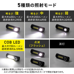 LEDライト 小型 充電式 マグネット内蔵 USB充電式 防水 IPX6 最大400