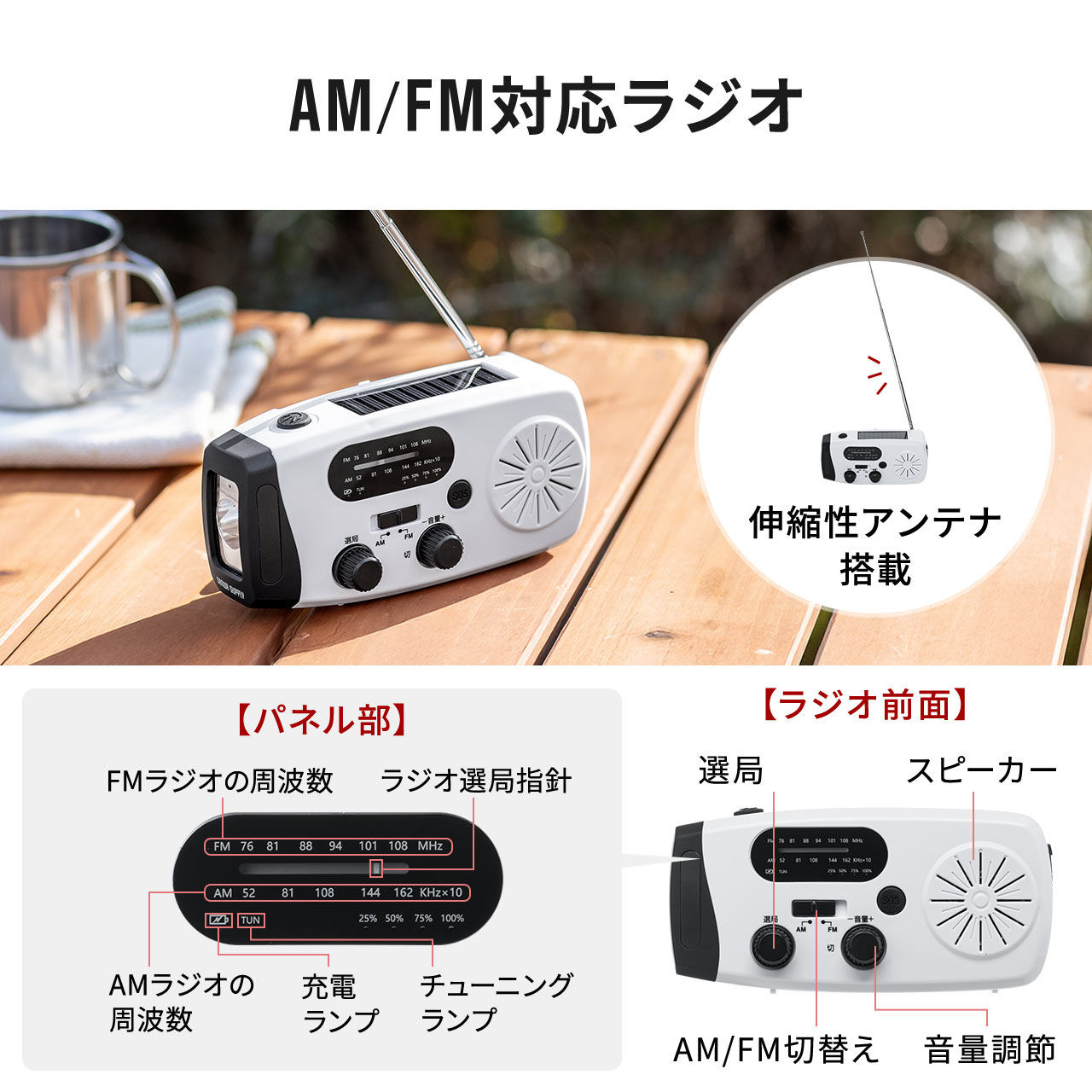 �h�Ѓ��W�I LED���C�g �h�ЃO�b�Y ���@�\ �o�b�e���[ ��e�� 4000mA �g�у��W�I USB�[�d �\�[���[�[�d ��񂵏[�d �z���C�g