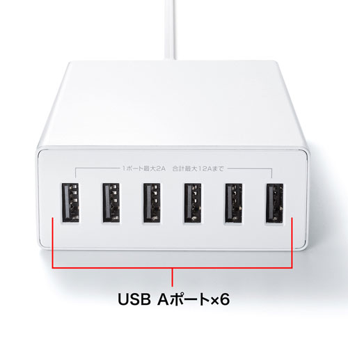 USB充電器 USBA 6ポート 合計12A ホワイト 複数ポート 高耐久 ACA 