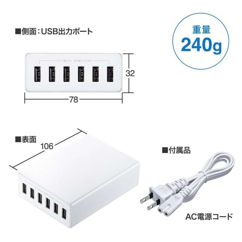 USB充電器 USBA 6ポート 合計12A ホワイト 複数ポート 高耐久 ACA-IP67W