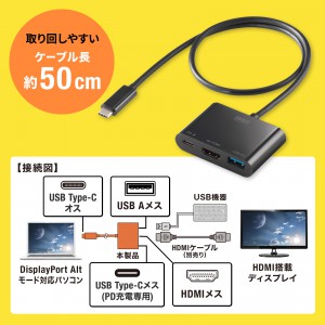 USB Type-C HDMI 変換アダプタ USB Aポート 4K/60Hz PD140W ケーブル長50cm USBハブ MacBook iPad  Pro Air 対応 HDR ブラック の販売商品 | 通販ならサンワダイレクト