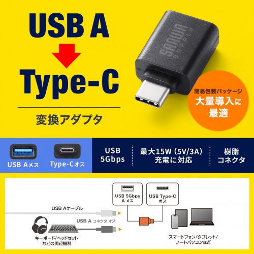 Type-CϊA_v^ USB 5Gbps USB A to Type-Cϊ 5V3A[dΉ ^݌v RlN^ ܃pbP[W AD-USB32CAF