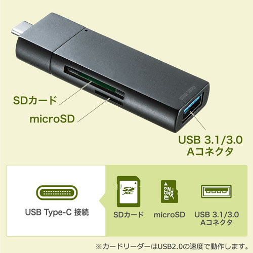 Type-Cカードリーダー(USB Aポート付き・コンパクト・ブラック・PS5対応) ADR-3TCMS7BK