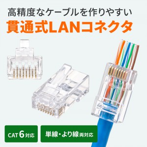 RJ-45コネクタ カテゴリ6 貫通型 単線 より線共用 100個入り ADT-6RJKN