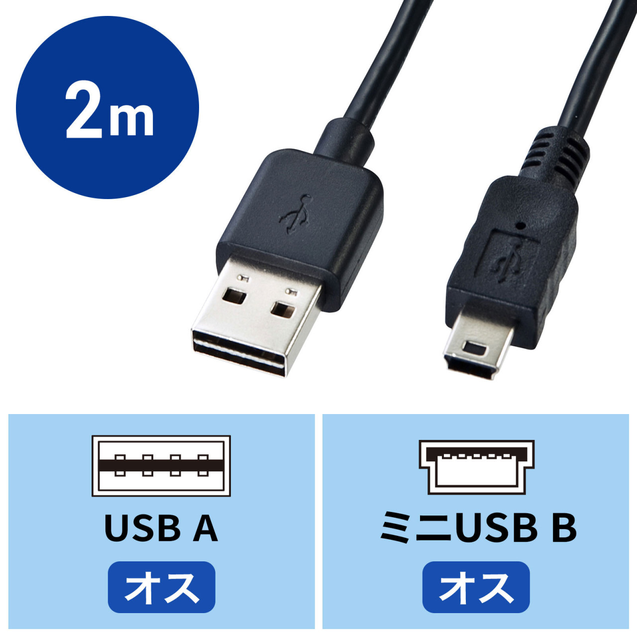 両面挿せる USBケーブル 2m USB2.0 A-miniBコネクタ ブラック KU-RMB52