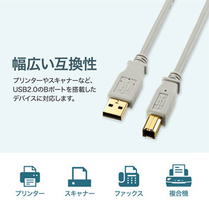 USBケーブル 5m USB2.0 A-Bコネクタ 金メッキ ライトグレー USB-IF認証品