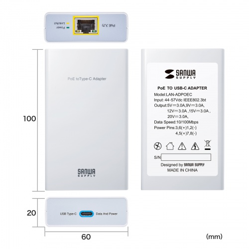 PoE-USB Type-CϊA_v^ PDőo60W USB 5Gbps lbg[NʐMΉ 100Mbps LAN-ADPOEC