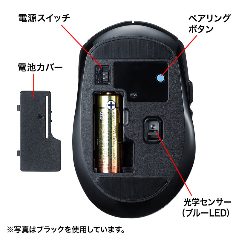 Bluetoothマウス(静音・ブルーLED・5ボタン・高感度・レッド) MA-BTBL162R