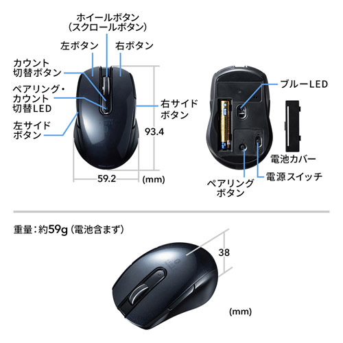 両側サイドボタン Bluetoothマウス ブルーLED 5ボタン ブラック MA-BTBL171BK