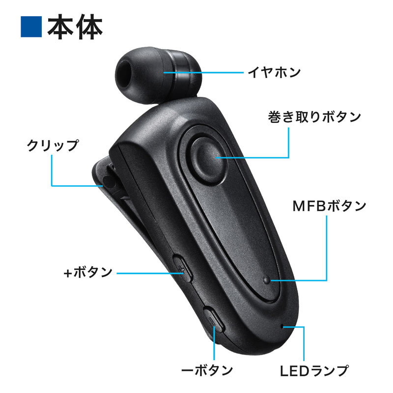 Bluetoothヘッドセット 片耳 カナル型イヤホン ケーブル巻取り式 振動機能つき 無線 両耳対応 軽量 ワンセグ クリップ式 USB 全指向性  MM-BTMH50BKの販売商品 通販ならサンワダイレクト